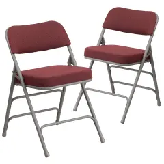 Emma and Oliver 2 Pack Premium Curved Triple Braced & Hinged Fabric Upholstered Metal Folding Chair Burgundy