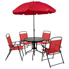 Emma and Oliver 6 Piece Patio Garden Set with Table, Umbrella and 4 Folding Chairs Red