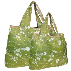 Wrapables Large & Small Foldable Tote Nylon Reusable Grocery Bags, Set of 2 Green Paradise