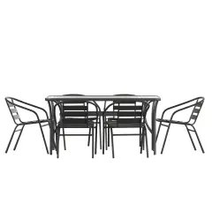Merrick Lane Laney 7 Piece Outdoor Dining Set withTempered Glass Patio Table, 6 Stackable Metal Slat Chairs Black