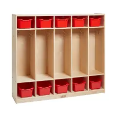 5-Section Coat Locker with 10 Scoop Front Storage Bins, Natural Red