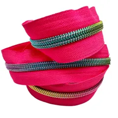 Hot Pink Tape with Rainbow Teeth Zipper Tape