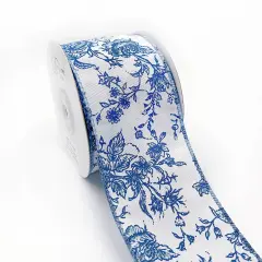 Designer&rsquo;s Shop Rose Floral wired edge ribbon, 2.5&rdquo; x 10 yard, Holiday and Wedding Ribbons Blue