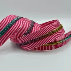 Hot pink and white stripe with rainbow teeth Zipper Tape