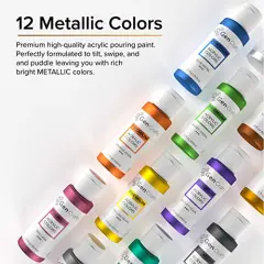 Metallic Acrylic Pouring Paint Set of 12 Metallic Colors - Pre-Mixed High Flow & Ready to Pour - 2 oz./59 ml Bottles - Multi-Purpose Paints for Canvas & Paper, Rocks, Wood