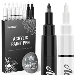 8 PackWhite Paint Pen, 0.7mm Acrylic Paint Pens Acrylic Markers 6 White 2 Black Paint Pens for Rock Painting Wood Canvas Glass Metallic Ceramic Tire Graffiti Paper Drawing, Extra Fine Tip Opaque Ink