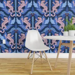 Peel & Stick Wallpaper 2FT Wide Maximalist Damask Tiger Jungle Blue Cobalt Tropical Palms Blush Pink Bright Animalier Big Cat Custom Removable Wallpaper by Spoonflower