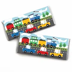 Big Dot of Happiness Cars, Trains, and Airplanes - Candy Bar Wrapper Transportation Birthday Party Favors - Set of 24