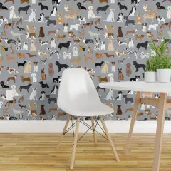 Peel & Stick Wallpaper 2FT Wide Dogs Watercolor Pets Animals Playroom Nursery Gray Custom Removable Wallpaper by Spoonflower