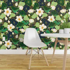 Peel & Stick Wallpaper 2FT Wide Lotus Flowers Lily Pad Art Nouveau Vintage Style Nature Victorian Custom Removable Wallpaper by Spoonflower