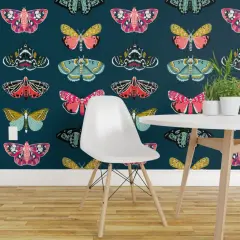 Peel & Stick Wallpaper 2FT Wide Butterflies Insect Nature Moth Botanical Bugs Girl Pink Custom Removable Wallpaper by Spoonflower