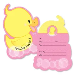 Big Dot of Happiness Pink Ducky Duck - Shaped Fill-in Invitations - Baby Shower or Birthday Party Invitation Cards with Envelopes - Set of 12