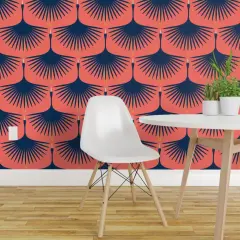 Peel & Stick Wallpaper 2FT Wide Navy Swan Flying Birds Cranes Art Deco Coral And Custom Removable Wallpaper by Spoonflower