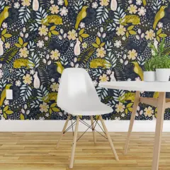 Peel & Stick Wallpaper 2FT Wide Nature Animals Botanical Foliage Floral Rabbit Fox Dark Background Custom Removable Wallpaper by Spoonflower