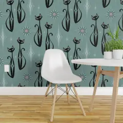 Pre-Pasted Wallpaper 2FT Wide Retro 1950S Cats Mid Century Modern Vintage Inspired Atomic Age Faux Textured Look Custom Pre-pasted Wallpaper by Spoonflower