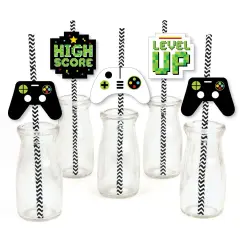 Big Dot of Happiness Game Zone - Paper Straw Decor - Pixel Video Game Party or Birthday Party Striped Decorative Straws - Set of 24
