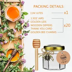 20 Pack Glass Honey Jars with Dipper - Gold Lids, Bee Pendants, Jutes, and Thank You Cards - Perfect for Baby Shower Favors, Wedding Favors, Party Favors