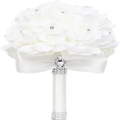 White Foam Rose Bridal Bouquet with Satin Ribbon Handle for Wedding & Party
