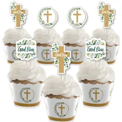 Big Dot of Happiness Elegant Cross - Cupcake Decoration - Religious Party Cupcake Wrappers and Treat Picks Kit - Set of 24