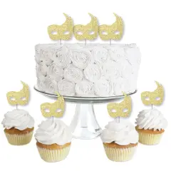 Big Dot of Happiness Gold Glitter Masks - No-Mess Real Glitter Dessert Cupcake Toppers - Mardi Gras Masquerade Party Clear Treat Picks - Set of 24