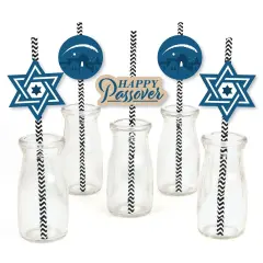 Big Dot of Happiness Happy Passover - Paper Straw Decor - Pesach Party Striped Decorative Straws - Set of 24