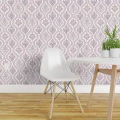 Pre-Pasted Wallpaper 2FT Wide Botanical Damask Elegant Garden Lilac Burnt Red Medium Scale Grandmillenial Ogee Custom Pre-pasted Wallpaper by Spoonflower