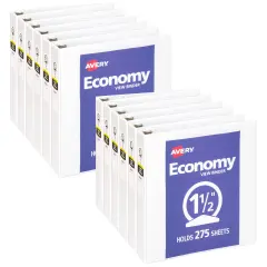 Avery Economy View 3 Ring Binder, 1.5" Round Rings, 275-Sheet Capacity, 2.1 Inch Wide Spine, Great for Home, School Supplies, Office, or Organization Needs, 1 White Binder (05726) - 12 Pack
