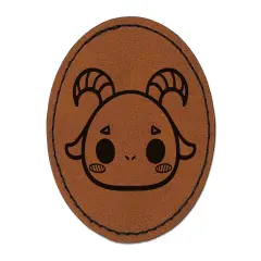 Charming Kawaii Chibi Goat Face Blushing Cheeks Round Iron-On Engraved Faux Leather Patch Applique - 2.5" Brown
