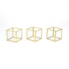 3 Gold Clear Glass Metal Frame CANDLE HOLDERS