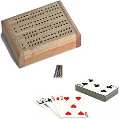 WE Games Mini Travel Cribbage Set - Solid Wood 2 Track Board with Swivel Top and Storage for Cards and Metal Pegs