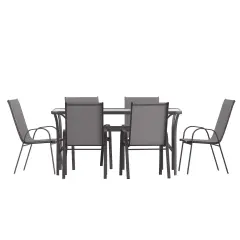 Merrick Lane Bardwell 7 Piece Outdoor Dining Table Set for 6 with Glass-Top Patio Table and 6 Stack Chairs with Flex Comfort Material Gray