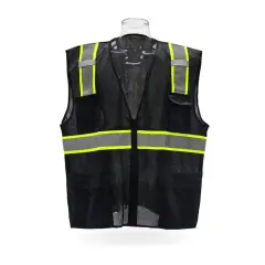 Multi Pocket High Visibility Reflective Safety Vest with Zipper Front 100% Polyester Black