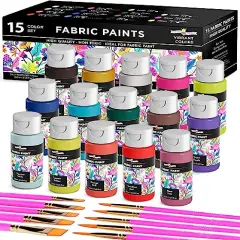 15 Colors Permanent Fabric Paint for Clothes, Fabric Paint for Canvas Textile Paint Cloth Paint Fabric Paint Set Fabric Paints Child Safe Paint for Fabric with 10 Brushes & Storage Box (60ml each)