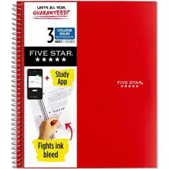 Five Star Spiral Notebook + Study App, 3-Subject, College Ruled Paper, Fights Ink Bleed, Water Resistant Cover, 8-1/2" x 11", 150 Sheets, Red (72065)