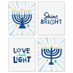 Big Dot of Happiness Hanukkah Menorah - Unframed Chanukah Holiday Linen Paper Wall Art - Set of 4 - Artisms - 8 x 10 inches