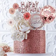 Rose Gold Cake Topper Decoration Set - Includes Happy Birthday Candles, Banner, Confetti Balloons, and Paper Fans for Rose Gold Theme Party Decor for Girls and Women&rsquo;s Birthday Parties