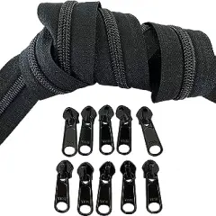 #5 YKK Continuous Nylon Coil Black Zipper Chain Includes #5 Black Non-Locking Long Pulls with Bottom Stops - Color Black - Choose Your Length - Made in The United States (20 Yards & 25 Pulls)
