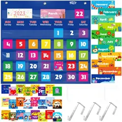 Calendar Pocket Chart Classroom Monthly Chart with 76 Cards 68 Illustrated Activity Cards 8 Dry Erase Blank Cards Plus 3 Over-Door Metal Hangers for Classroom Home or Preschool 20 x 19 Inches