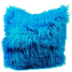 Mongolian Sheep Fur Throw Pillow 16"X16" Turquoise