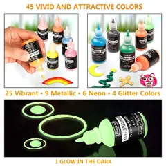 Fabric Paint Set - 45 Colors, 3D Permanent Paint with Brushes, Palette, Fabric Pens, Fabric Sheet, Stencils, Includes Glow in the Dark, Glitter, and Metallic Colors for Textile, T-Shirts, Jeans, and Glass