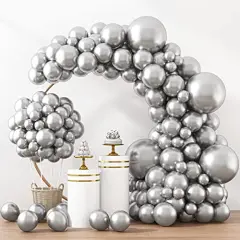 129pcs Metallic Silver Balloon Kit - Latex Balloons in Different Sizes (18, 12, 10, 5 Inches) for Birthday Parties, Graduation, Baby Showers, Weddings, Holidays, and Easter Decorations