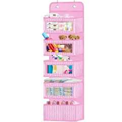 VERONLY Over the Door Hanging Organizer with 5 Large Pockets - Wall Mount Pantry Storage with 2 Big Metal Hooks for Baby Girl&rsquo;s Diapers Closet,Bathroom,Nursery,Bedroom,Dorm,Baby,Kids Toys (Pink)