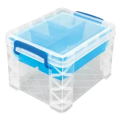 Storage Studios Super Stacker Divided Storage Box-6.38"X7.25"X10.88 Clear/Blue Handles