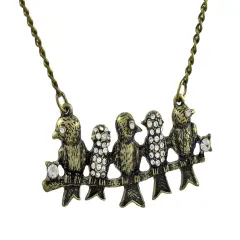 Antiqued Brass Finish Rhinestone Accented Birds on a Wire Necklace 20 Inch