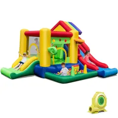 Costway Colorful Rainbow Kids Inflatable Bounce Castle with 50 Ocean Balls & 735W Blower