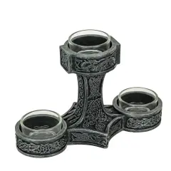 Norse Mythology Thor's Hammer Mjolnir Silver Finish Triple Tealight Candleholder