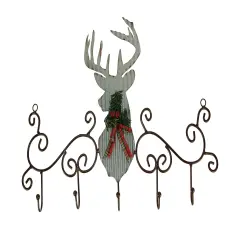Metal Art Scroll Rustic Deer with Pine and Bow Wall Hook Rack