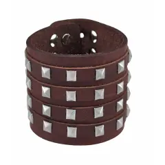 Brown Leather 4 Row Pyramid Studded Wristband Bracelet