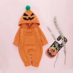 Halloween Baby Costume - Solid Color Monster Print Pattern Romper Orange