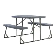 Emma and Oliver Aryka Kid's Easy Fold Waterproof, Stain and Impact Resistant Plastic Picnic Table with Benches and Steel Tube Frame Gray